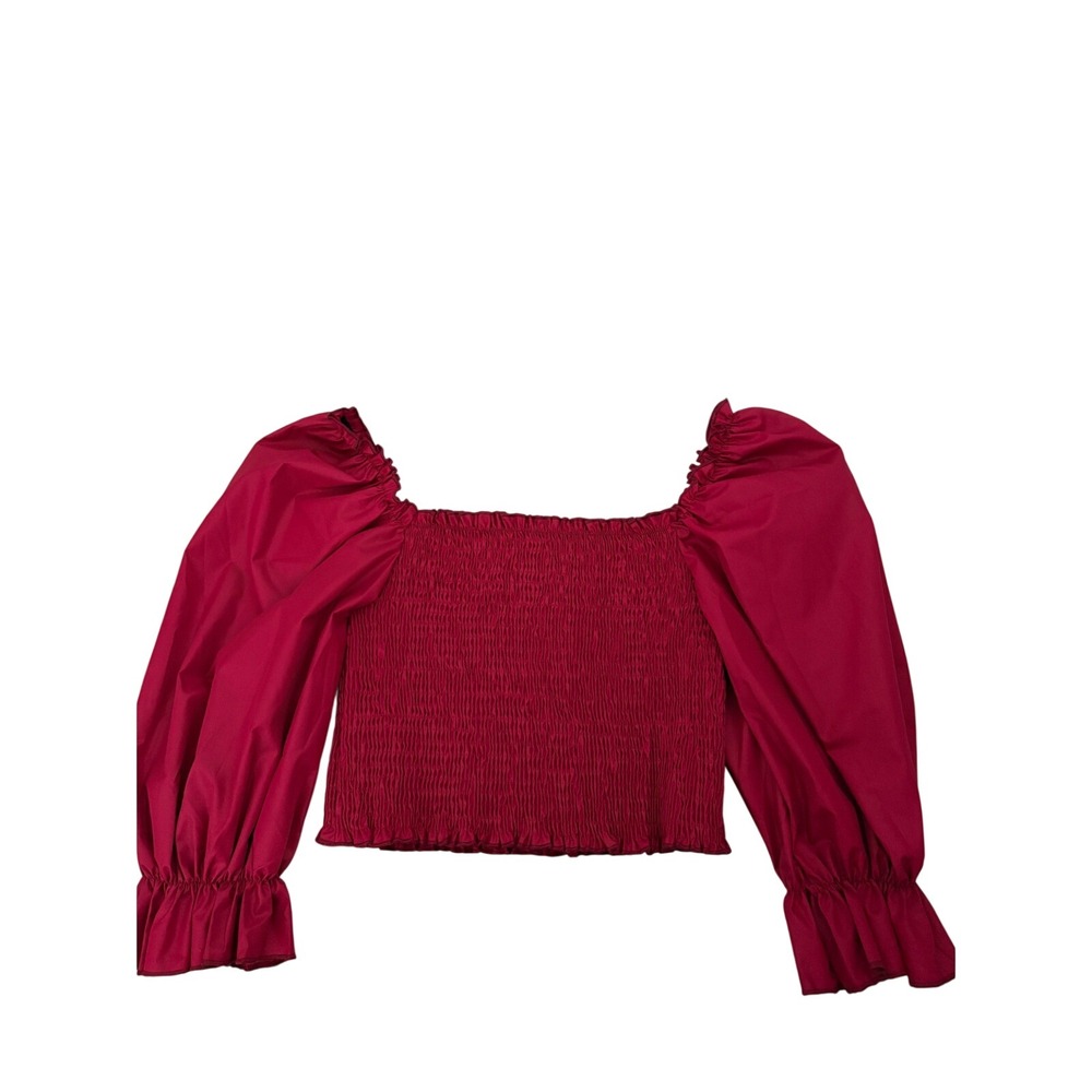 Red Smocked Puff Sleeve Crop‎ Top Square Neck Ruffle Cuff Blouse Medium Flirty